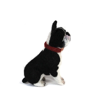 Side view of our felted french boston terrier pup