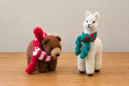 Christmas scarves on bear and alpaca for lanart holiday decor