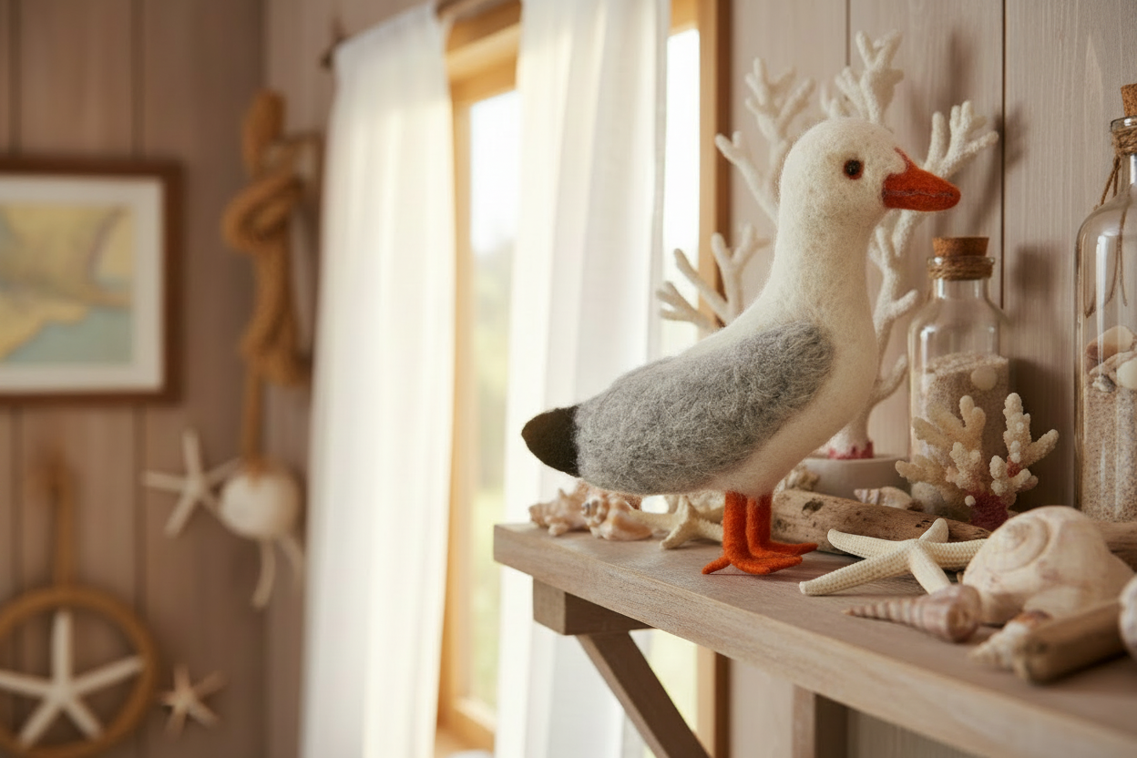 Plush toy goose with white body, gray back, and orange feet on a white background