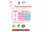 Lanart Alpaca shoe size chart with sizing guide and brand logo on a white background