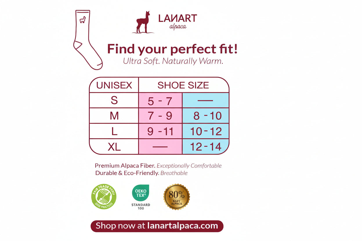 Lanart Alpaca shoe size chart with sizing guide and brand logo on a white background