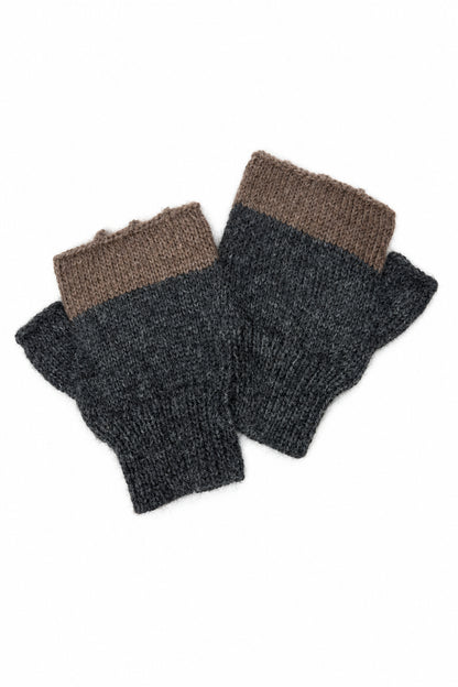 A pair of hand-knit fingerless gloves in dark gray and brown, displayed on a plain white background.