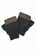 A pair of hand-knit fingerless gloves in dark gray and brown, displayed on a plain white background.