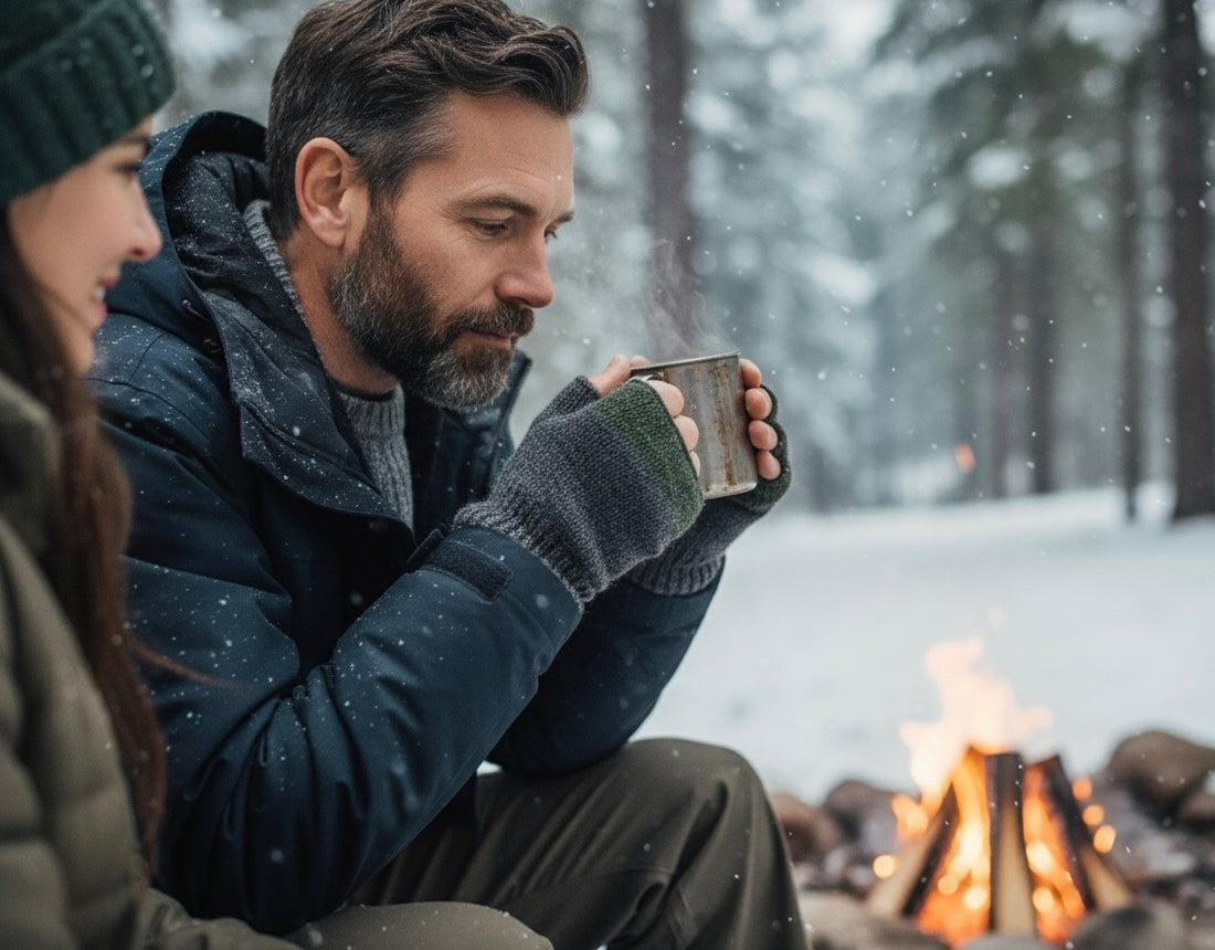 A man sitting by a campfire in the snow, holding a mug, wearing deliciously soft alpaca men&