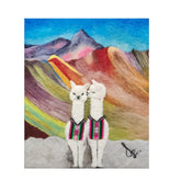 Two llamas in colorful sweaters standing in front of a mountainous landscape with a rainbow.
