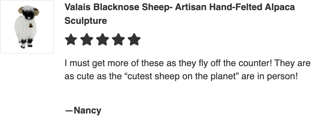 Customer review of needle-felted alpaca fiber Valais Blacknose Sheep by Lanart