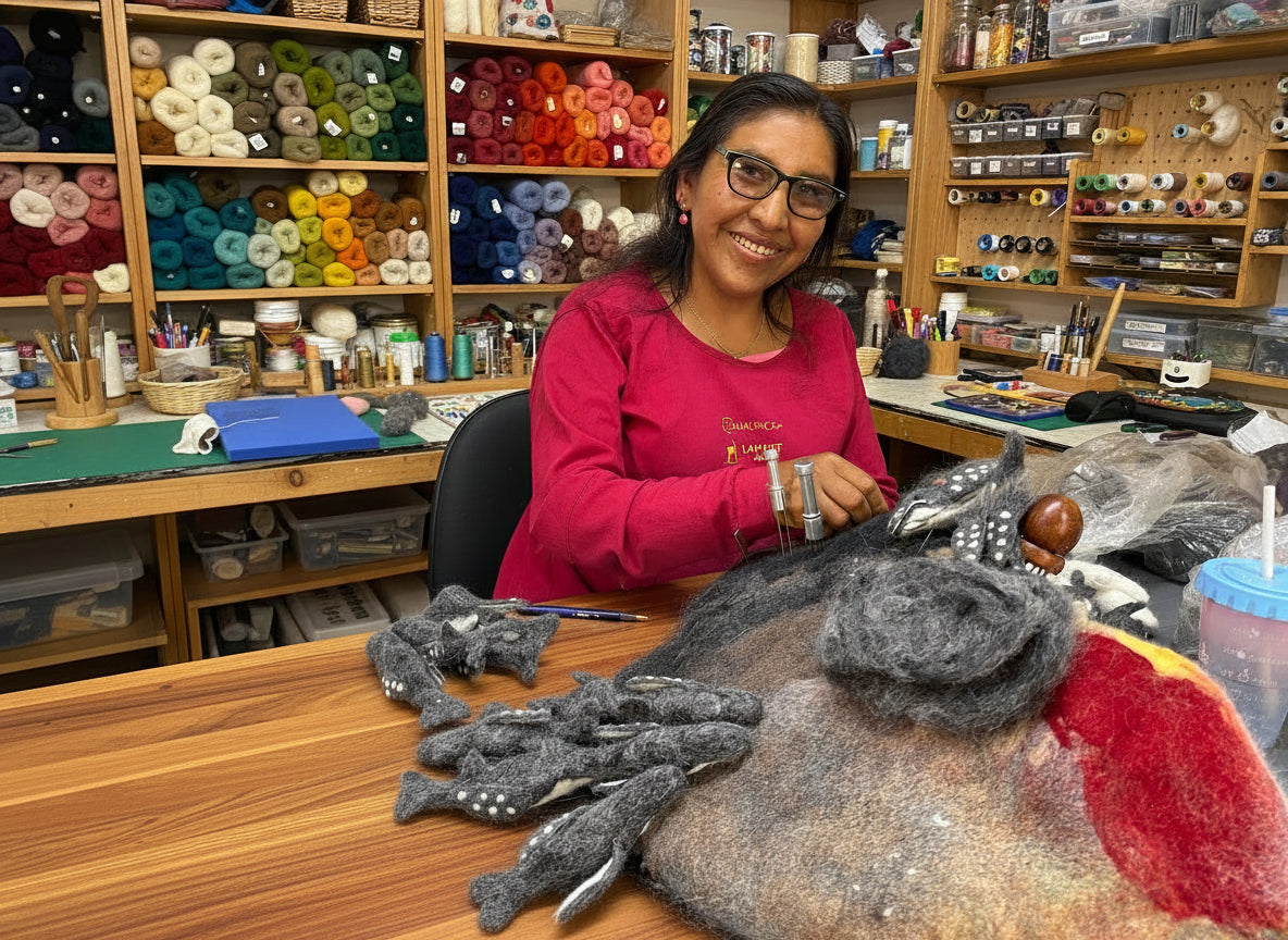 Woman working with yarn and craft materials in a workshop setting