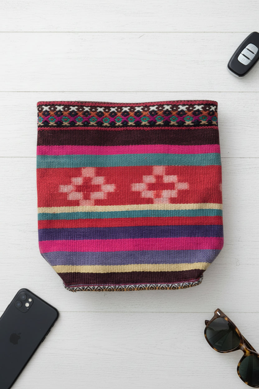 A colorful woven tote bag with braided pink and blue handles, resting on a light wood table next to a notebook and glasses.