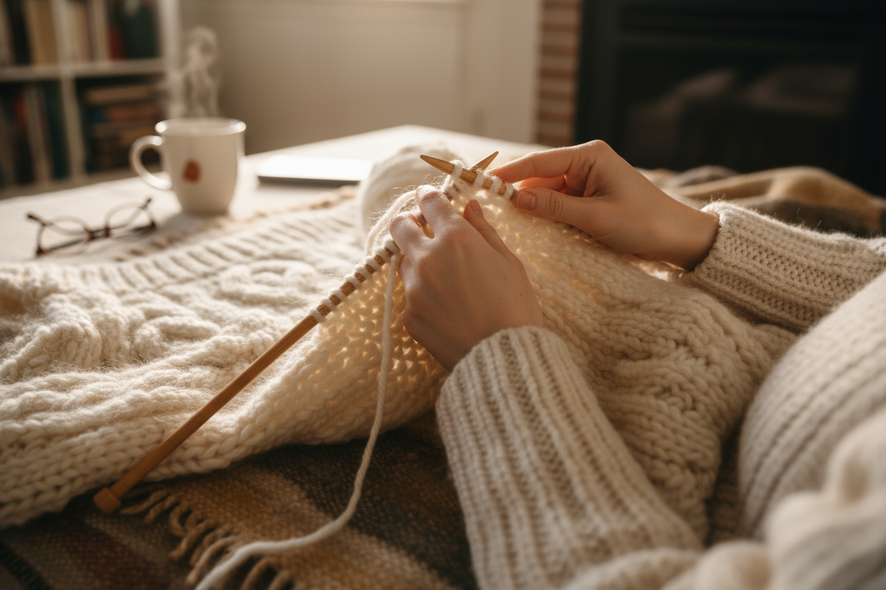 another pic using this chunky yarn in a knitting project with hands, knitting needles and a partially knit chunky sweater