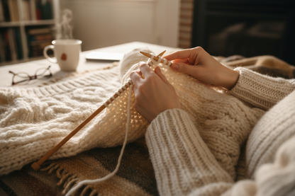 another pic using this chunky yarn in a knitting project with hands, knitting needles and a partially knit chunky sweater