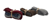 Three folded pairs of knit socks bundled with beige ribbon ties, displayed on a white surface. The socks come in burgundy, navy, and gray stacks, with burgundy and navy showing a heathered texture.