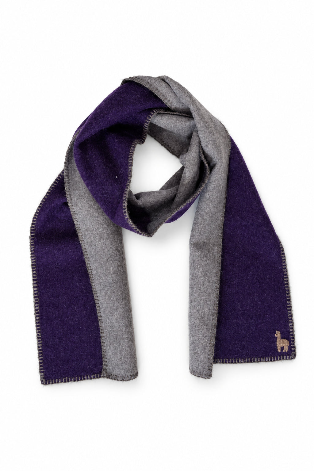 Gorgeous purple and silver reversible baby alpaca scarf with hand-finished whip stitch and needle-felted alpaca. An in-house Lanart excluisve.