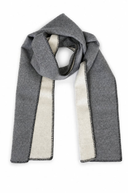 Gorgeous gray and pearl reversible baby alpaca scarf with hand-finished whip stitch and needle-felted alpaca. An in-house Lanart excluisve.