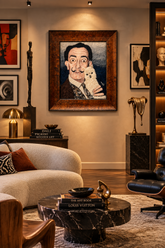 Framed needle-felted alpaca fiber portrait of Salvador Dali hanging in an artistic high end living room