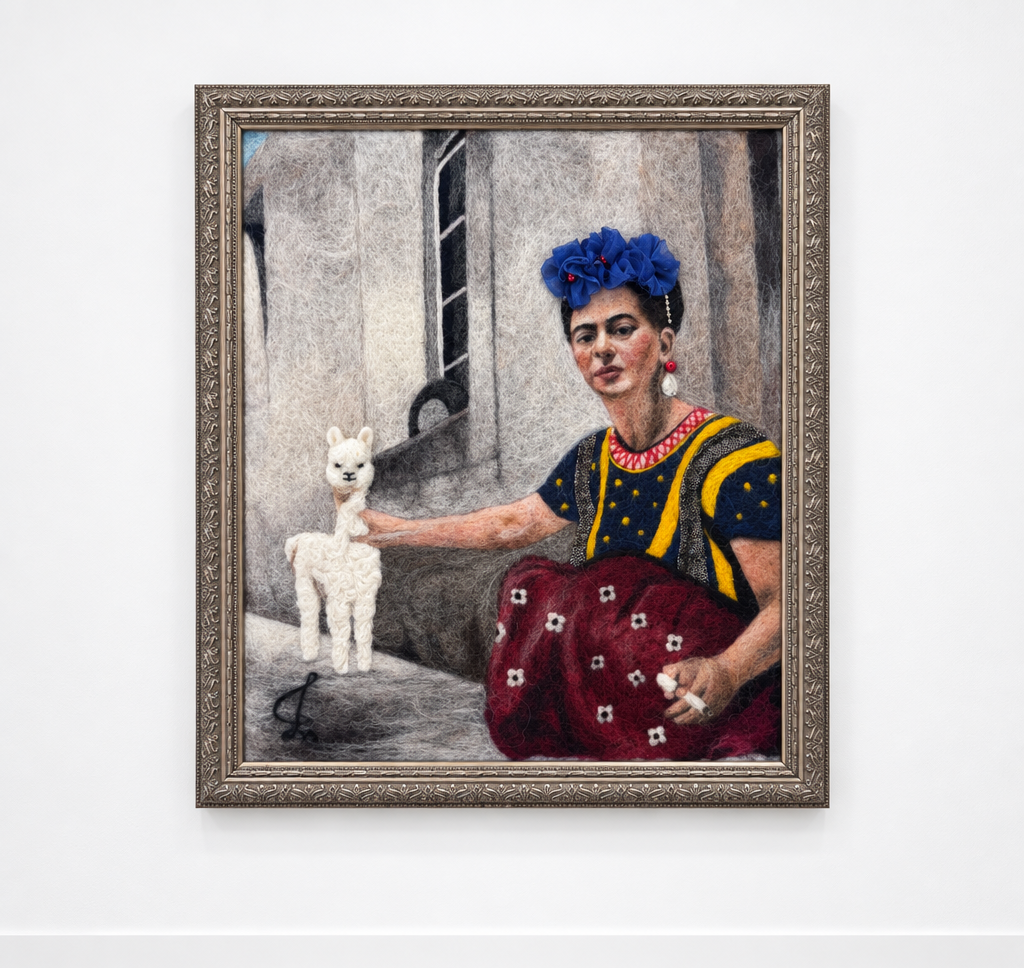A framed portrait painting of Frida Kahlo with a white alpaca, displayed on a wooden floor against a white wall. The painting features Frida in her signature blue flower hair accessory, yellow and blue dress, and red skirt, reaching toward the white alpaca.