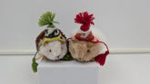 Two small plush guinea pigs wearing knitted winter hats and scarves, posed on a white display block against a plain light background.