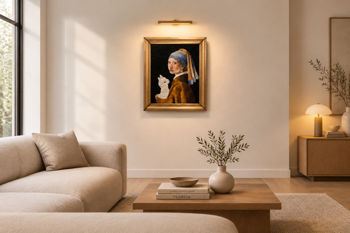 Framed needle-felted alpaca fiber portrait of a Girl with a Pearl hanging in an simple living room