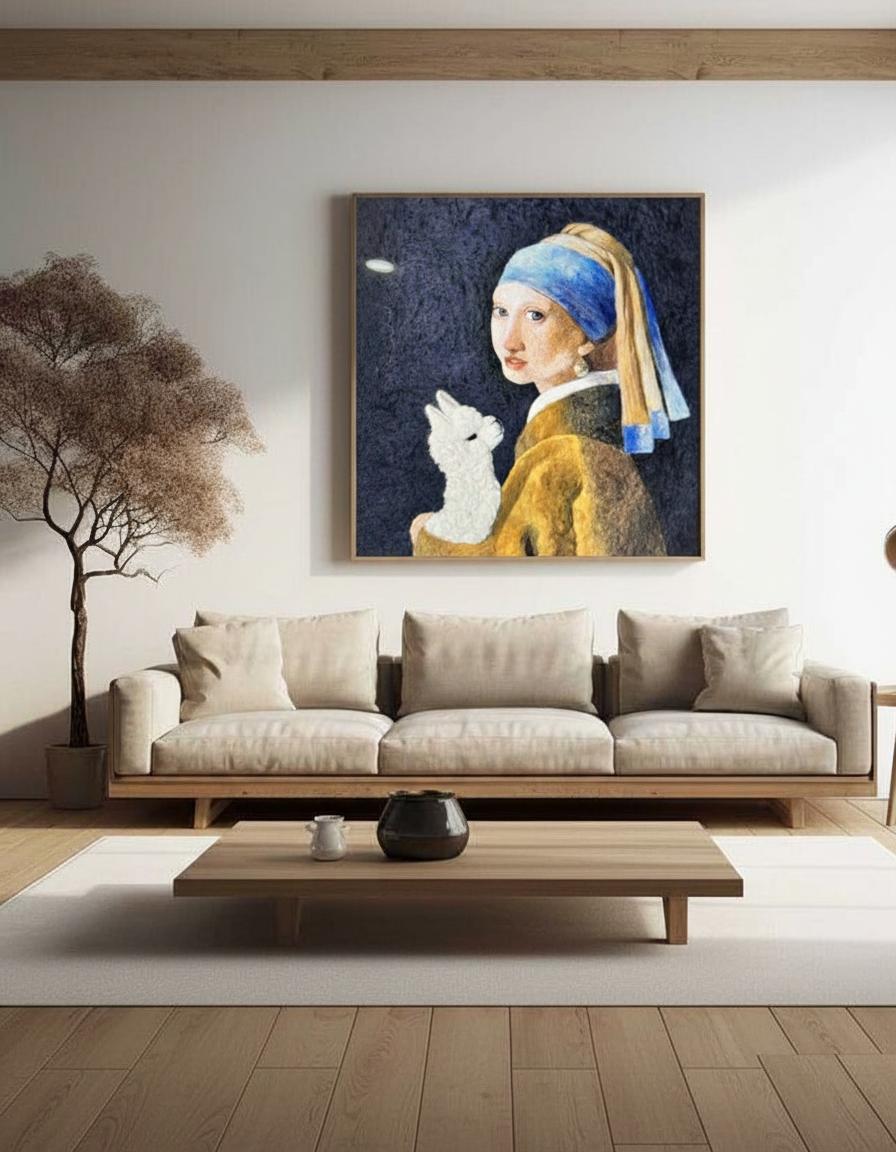 Living room with a large sofa and a framed painting of a woman with a pearl earring on the wall.