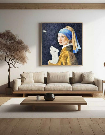 Living room with a large sofa and a framed painting of a woman with a pearl earring on the wall.