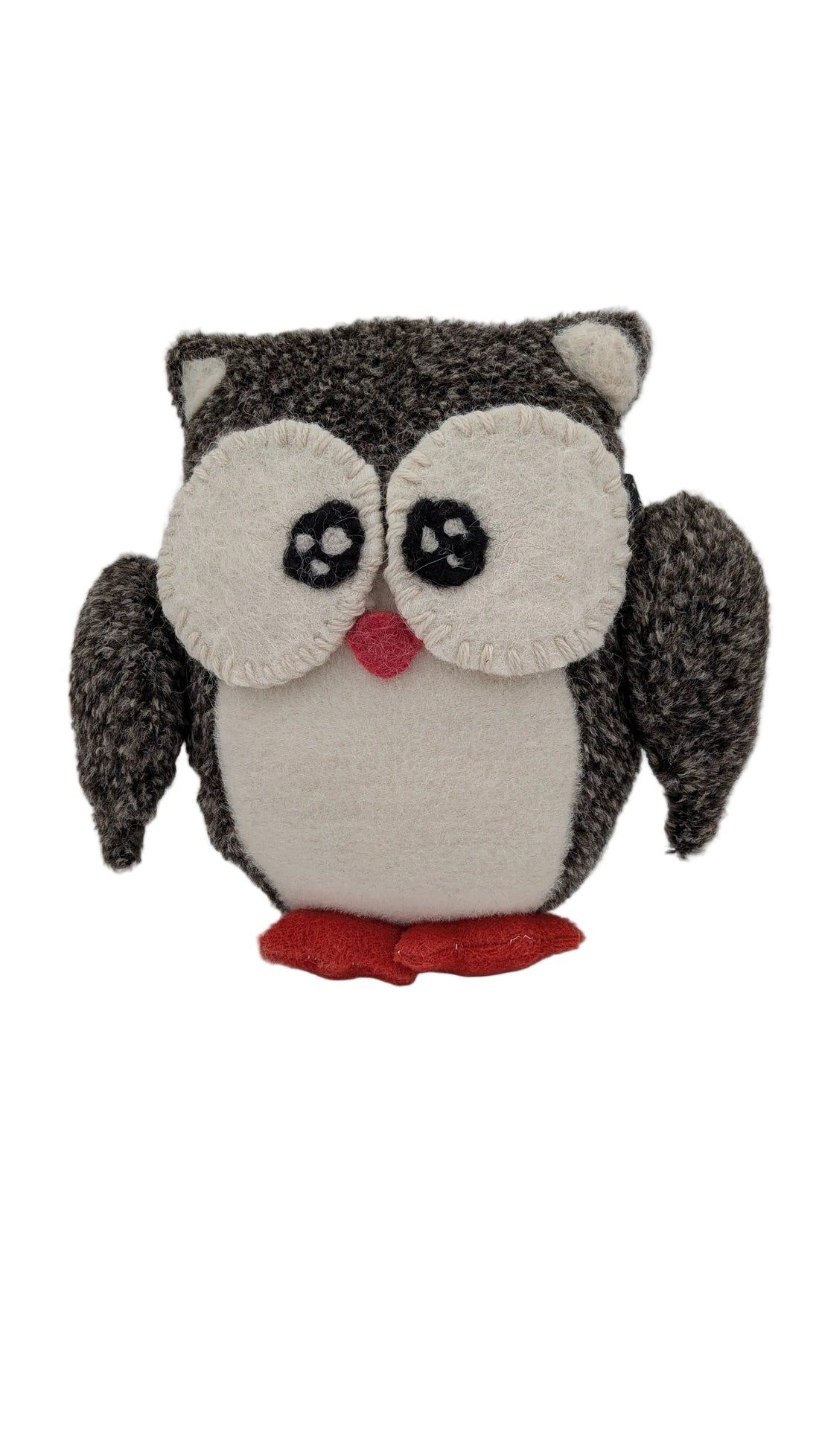 A plush owl toy made from textured knit fabric, featuring a dark gray and black body, cream-colored face and belly, and a small red beak and feet, set against a plain light gray background.