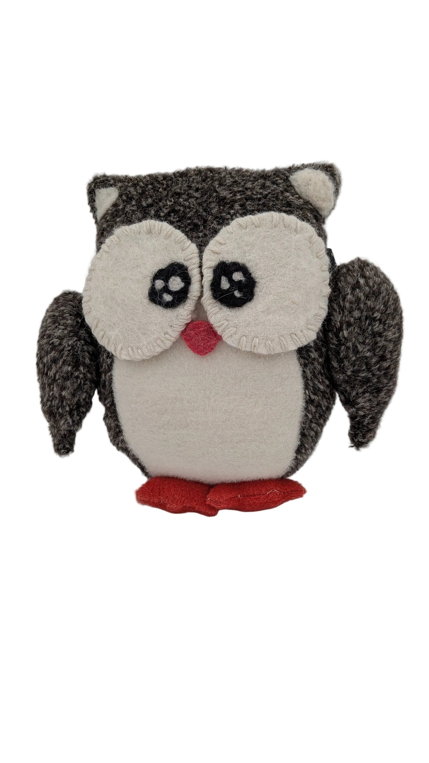 A plush owl toy made from textured knit fabric, featuring a dark gray and black body, cream-colored face and belly, and a small red beak and feet, set against a plain light gray background.