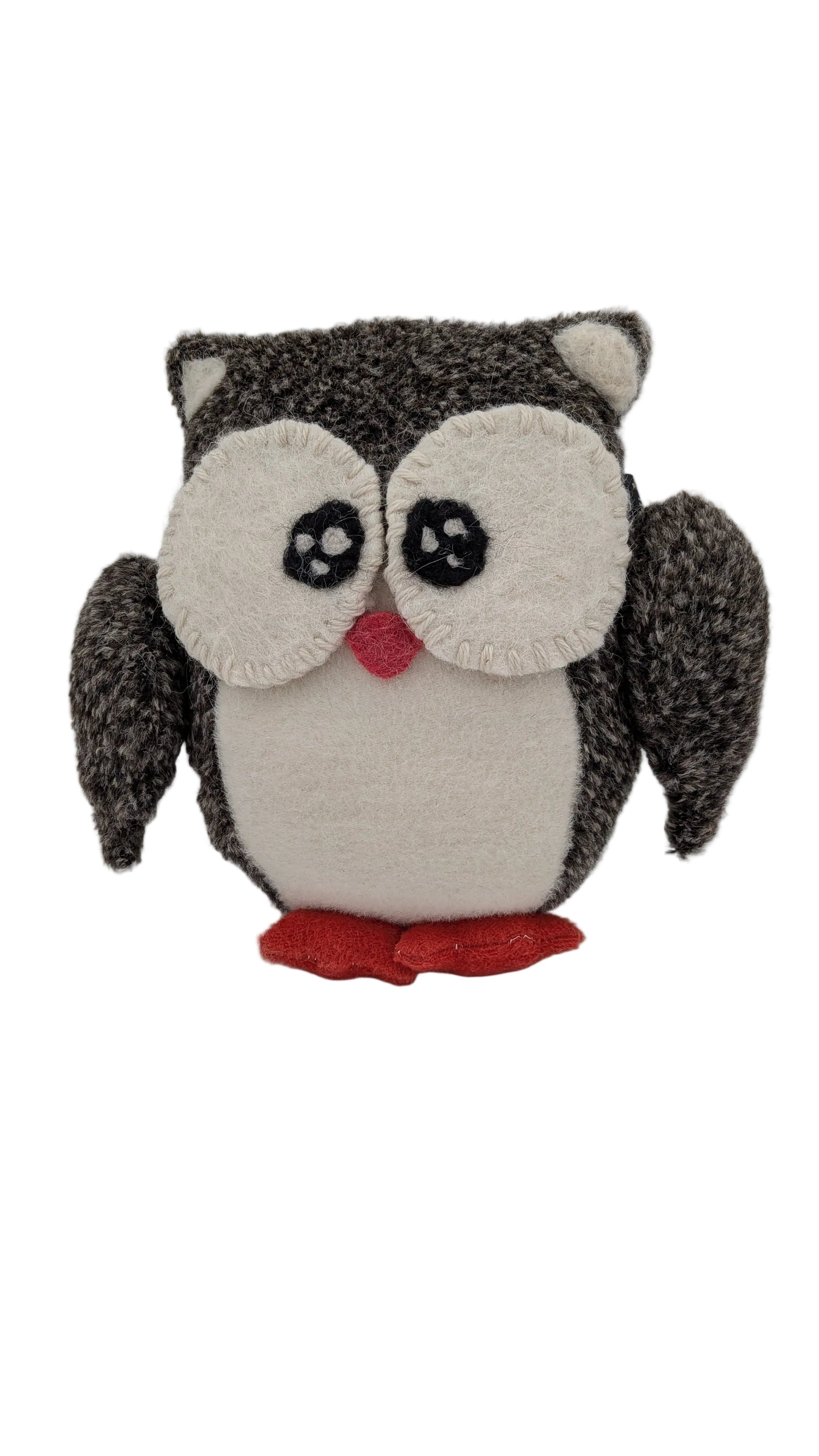 A plush owl toy made from textured knit fabric, featuring a dark gray and black body, cream-colored face and belly, and a small red beak and feet, set against a plain light gray background.