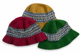 Crochet hats in 3 colors with a traditional knit belt design.