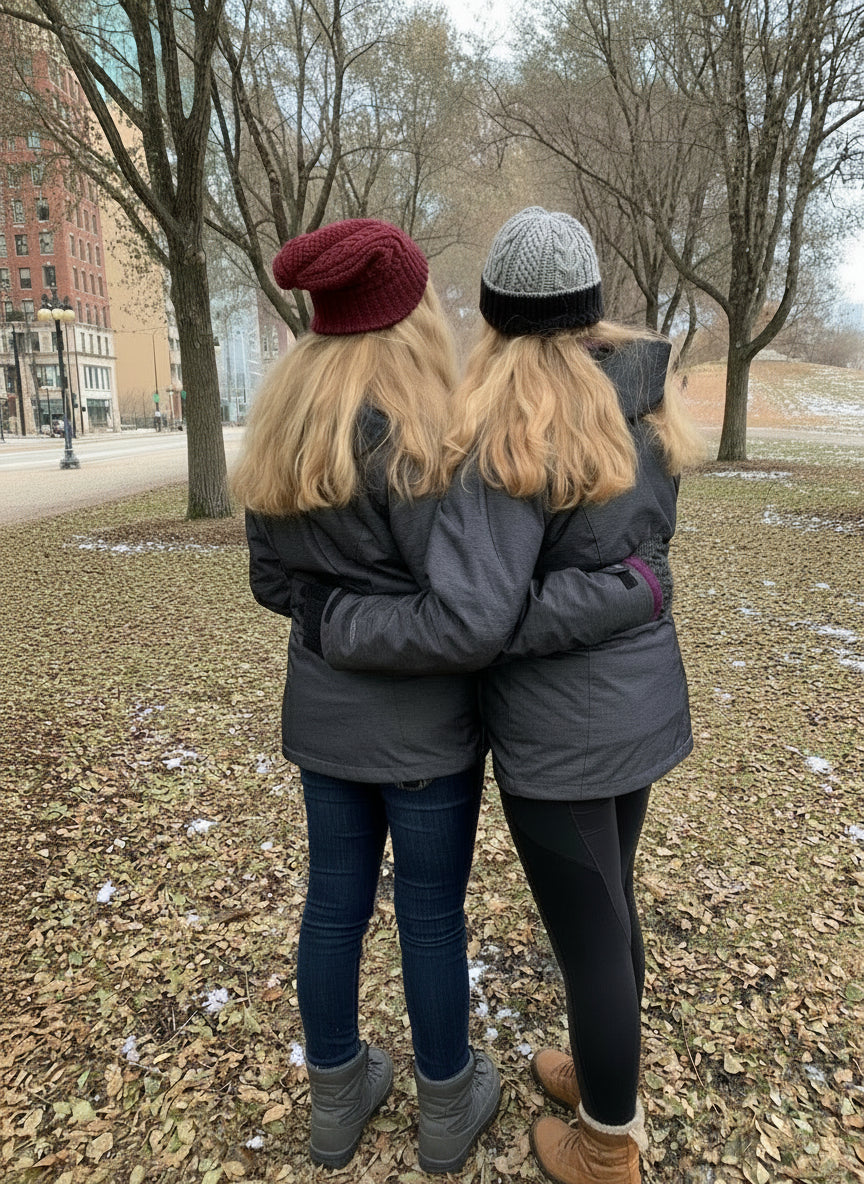 Twins standing back-to-back in a park wearing winter clothing.