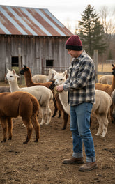 Man wearing a lanart beanie interacting with alpacas in a barn setting.