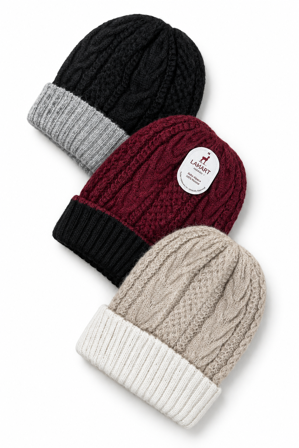 Super soft baby alpaca hand-knit lantern beanies.