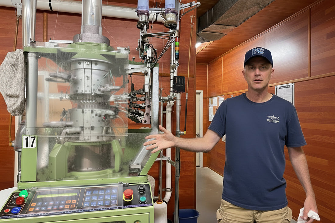 A man in a navy blue t-shirt and khaki pants stands next to a large, complex knitting machine in a workshop with wood-paneled walls, gesturing toward the machine.