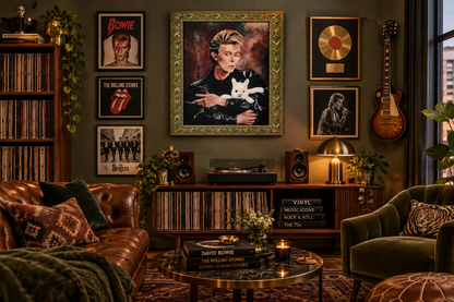 Framed needle-felted alpaca fiber portrait of a David Bowie and his alpaca hanging in a music lover&