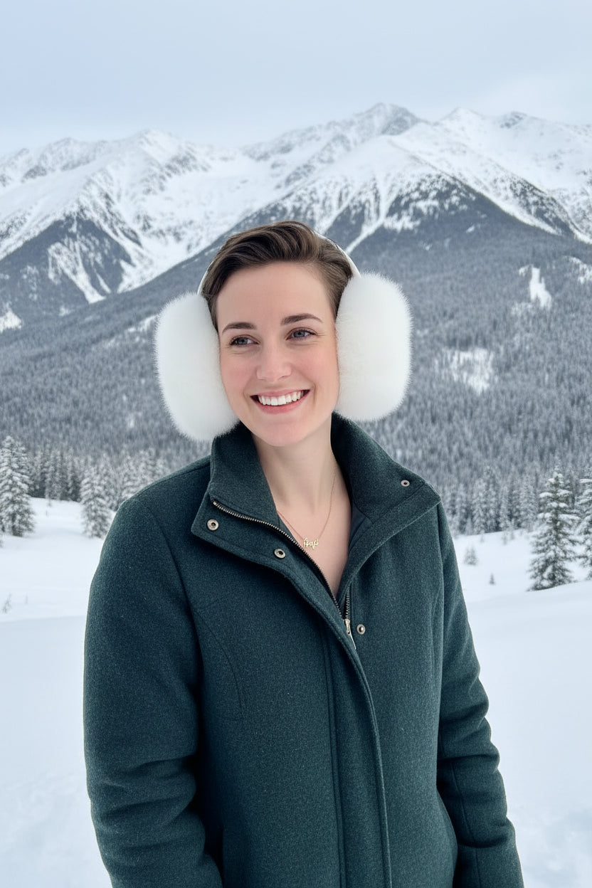 A smiling woman wearing fluffy white faux-fur earmuffs and a black, white, and pink patterned blouse, standing against a plain beige wall.