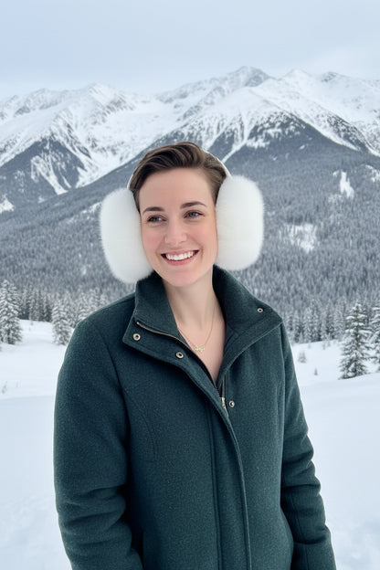A smiling woman wearing fluffy white faux-fur earmuffs and a black, white, and pink patterned blouse, standing against a plain beige wall.