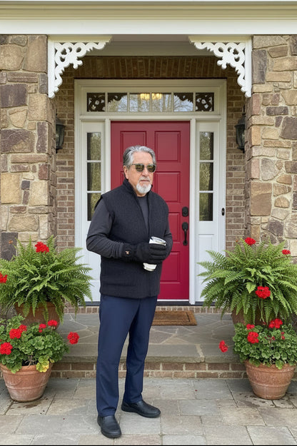A man wearing a dark gray fleece vest, black gloves, and sunglasses stands in a doorway holding a can of beer. The background features a bright red door and a striped bed.