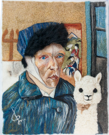 Unframed needle-felted alpaca fiber portrait of a Van Gogh and his alpaca with his ear bandaged 