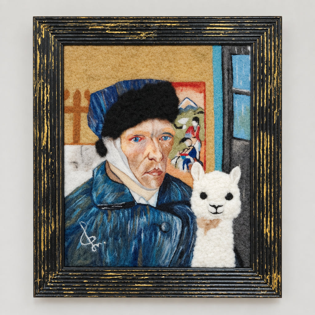 Framed artwork of a Van Gogh with an alpaca and his ear bandaged 