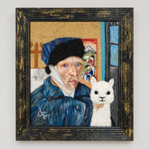 Framed artwork of a Van Gogh with an alpaca and his ear bandaged 
