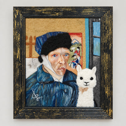 Framed artwork of a Van Gogh with an alpaca and his ear bandaged 