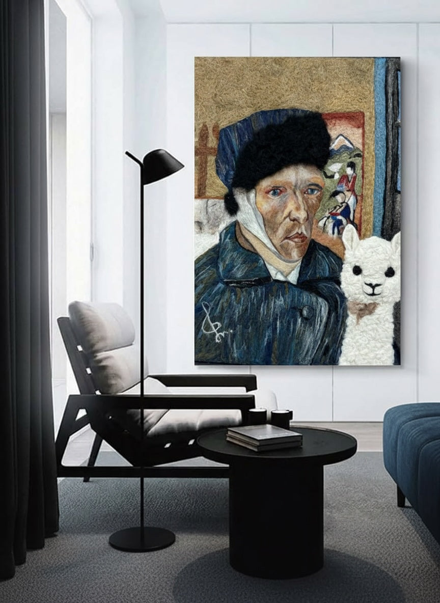 Modern interior with a large painting of a man in a Van Gough blue coat and hat, a white llama, and a black chair.