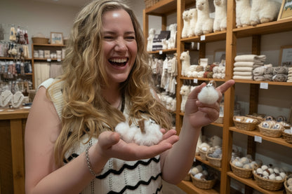 A woman with long blonde hair holds two small white fluffy alpaca animals in her hands 