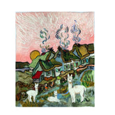Painting of a Chalet at Sunset with thatched roofs and animals, featuring a pink sky.