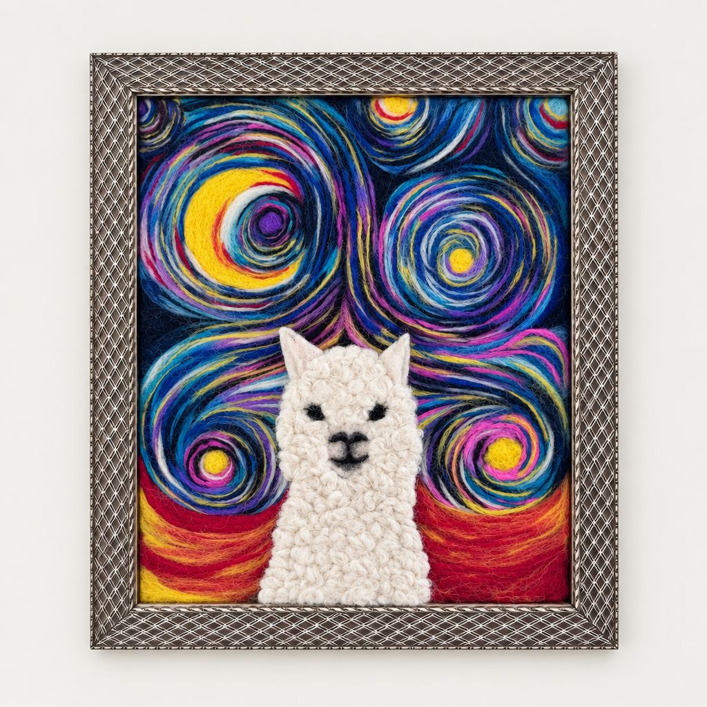 A framed wall art piece featuring a white alpaca face centered against a vivid swirling starry night background with blue, purple, yellow, red, and orange brush-like patterns. 