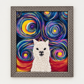 A framed wall art piece featuring a white alpaca face centered against a vivid swirling starry night background with blue, purple, yellow, red, and orange brush-like patterns. 