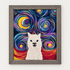 A framed wall art piece featuring a white alpaca face centered against a vivid swirling starry night background with blue, purple, yellow, red, and orange brush-like patterns. 