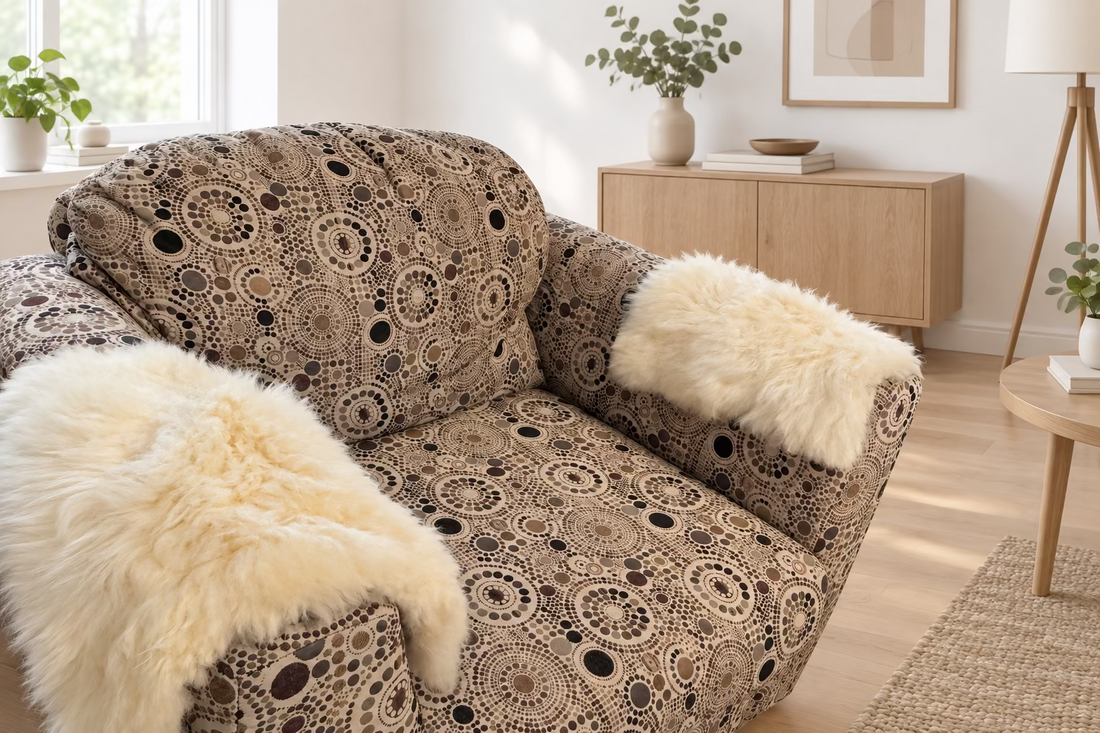 A close-up of a patterned loveseat or sofa in a real living room, with two cream alpaca-fur throw pillows resting on the seat and armrests. 