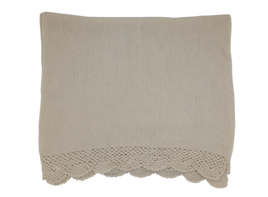 A beige knit shawl with a scalloped crochet lace trim, displayed flat against a white background.