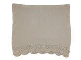 A beige knit shawl with a scalloped crochet lace trim, displayed flat against a white background.