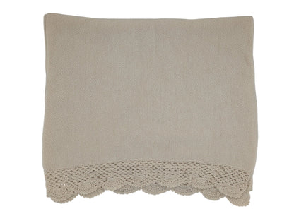 A beige knit shawl with a scalloped crochet lace trim, displayed flat against a white background.