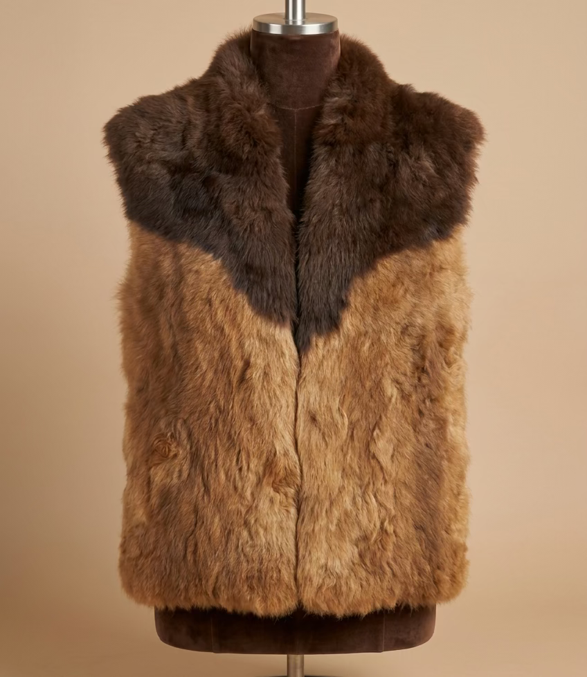 A fur vest displayed on a hanger stand inside a workshop or showroom. The vest features a dark brown collar and upper section, transitioning into a warm tan and light brown textured fur body.
